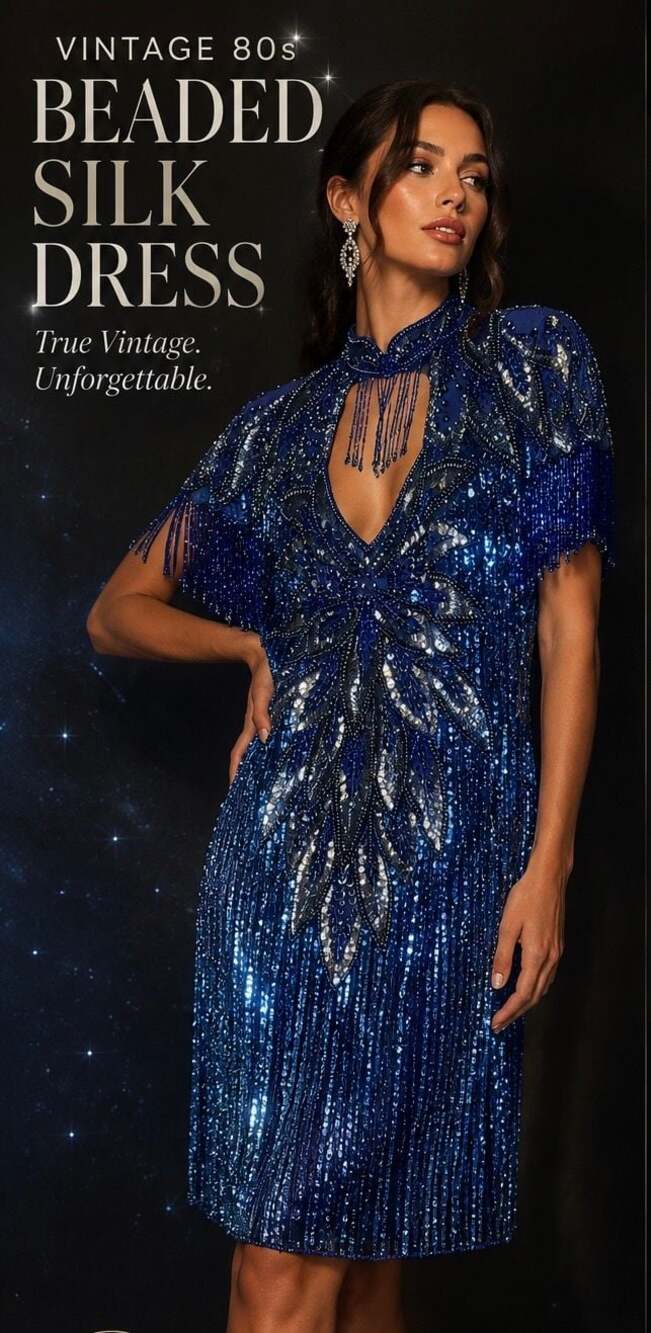 Vintage Nite Line 80s Beaded Silk Dress with Tassel Sleeves
